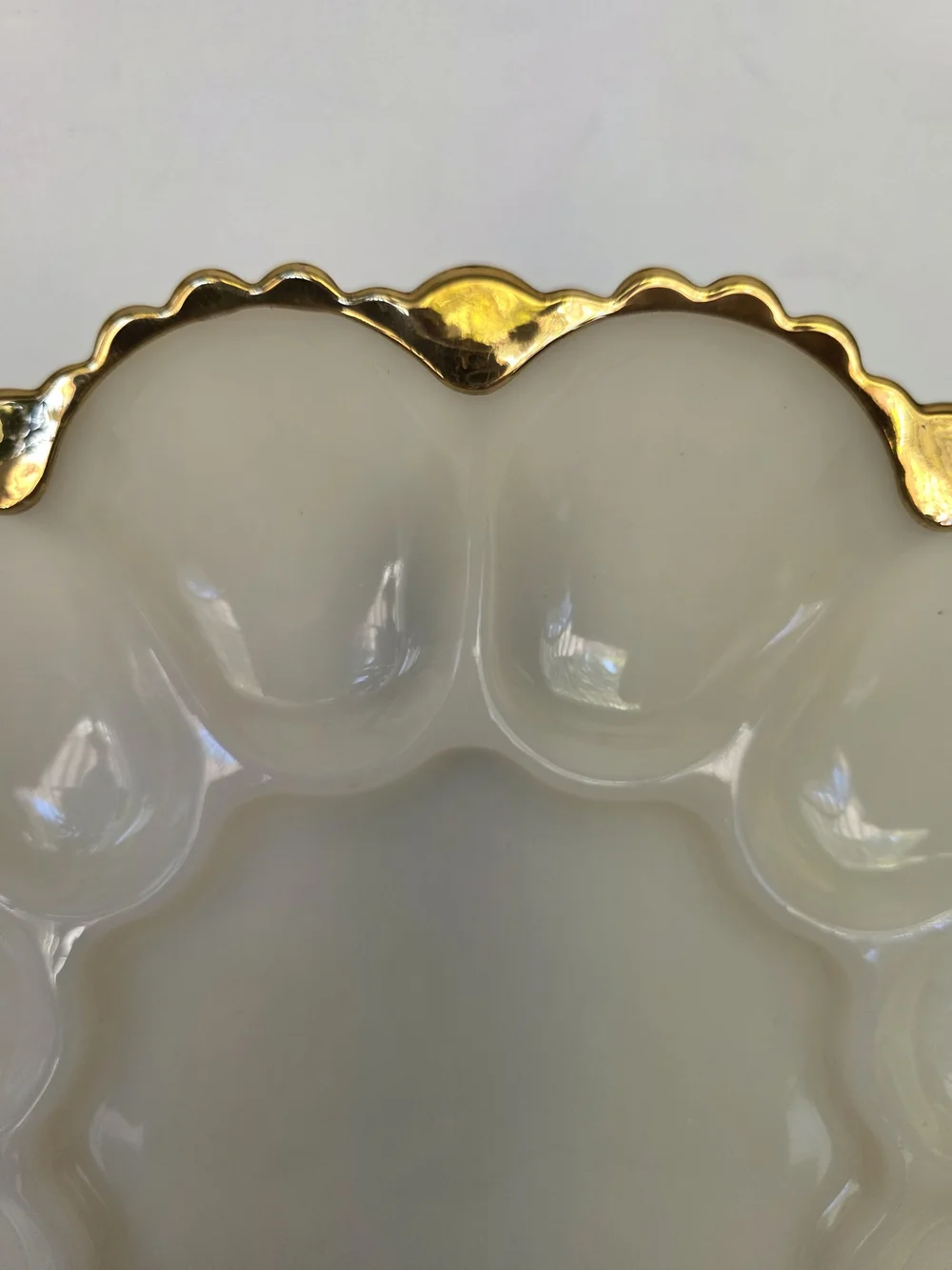 Anchor Hocking White Milk Glass Deviled Egg Platter with Gold Trim